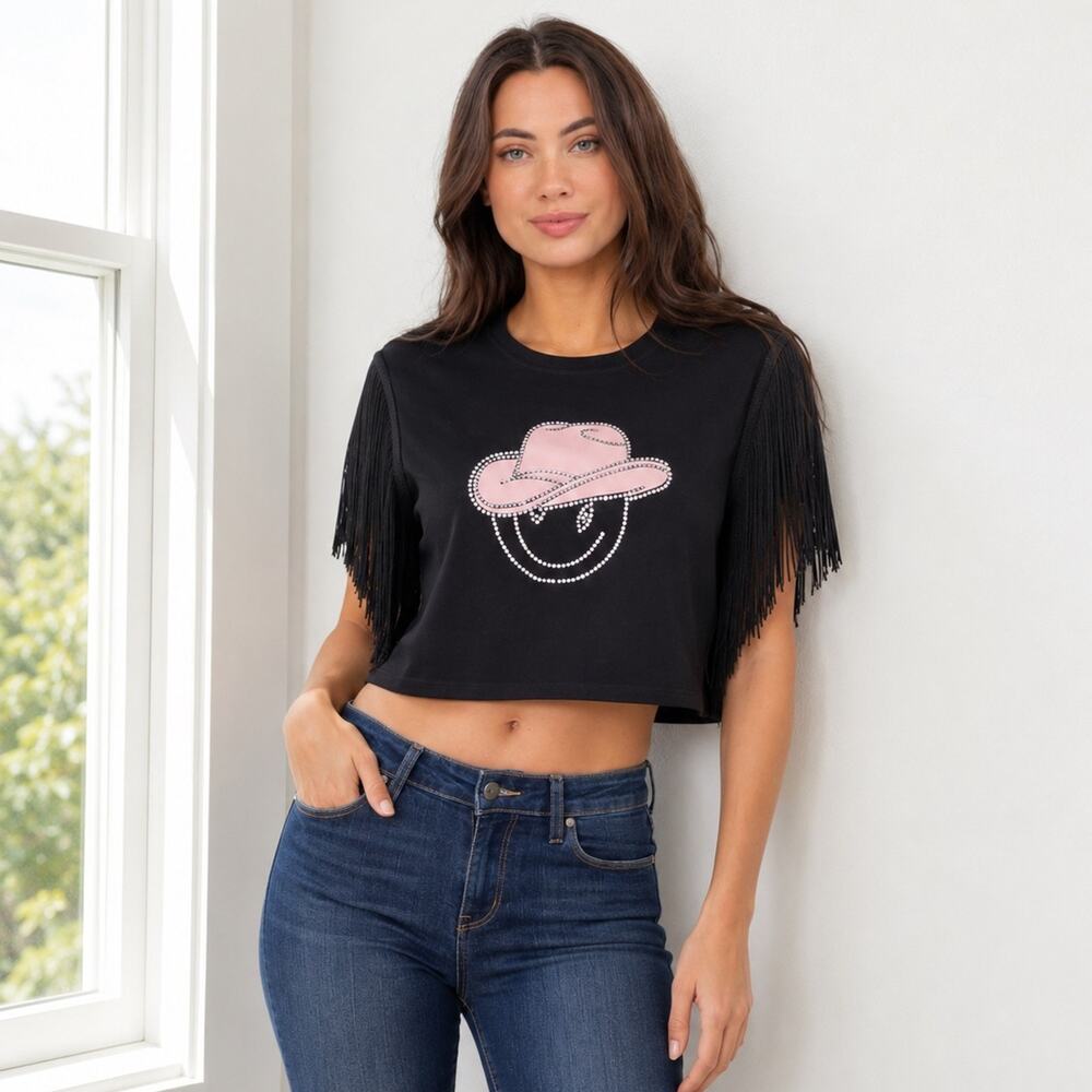 WOMEN'S SHORT FRINGE SLEEVE CROP TOP IN BLACK GRAPHIC SHIRT SZ-SMALL